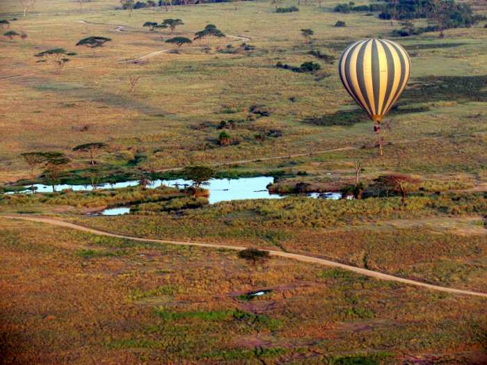 Hot air balloon over the Serengeti (Photo by David Berkowitz, CC BY 2.0, via Wikimedia Commons)