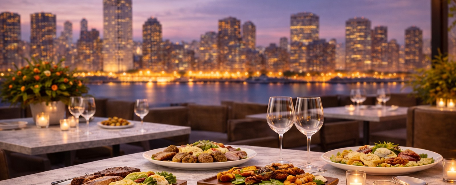 Modern kosher restaurant table with diverse dishes and city skyline view at sunset