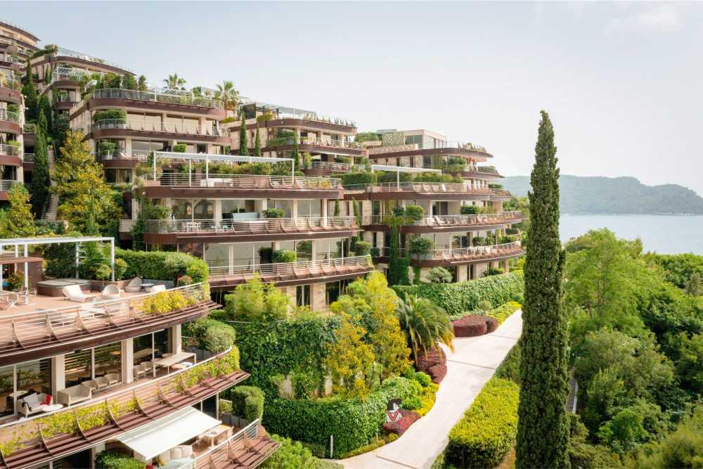 Aerial view of Dukley Hotel & Resort nestled in lush greenery along the coast